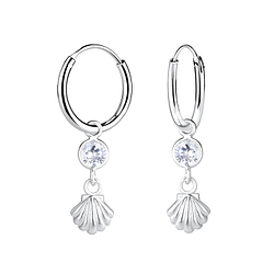 Wholesale Silver Shell with Cubic Zirconia Charm Hoop Earrings