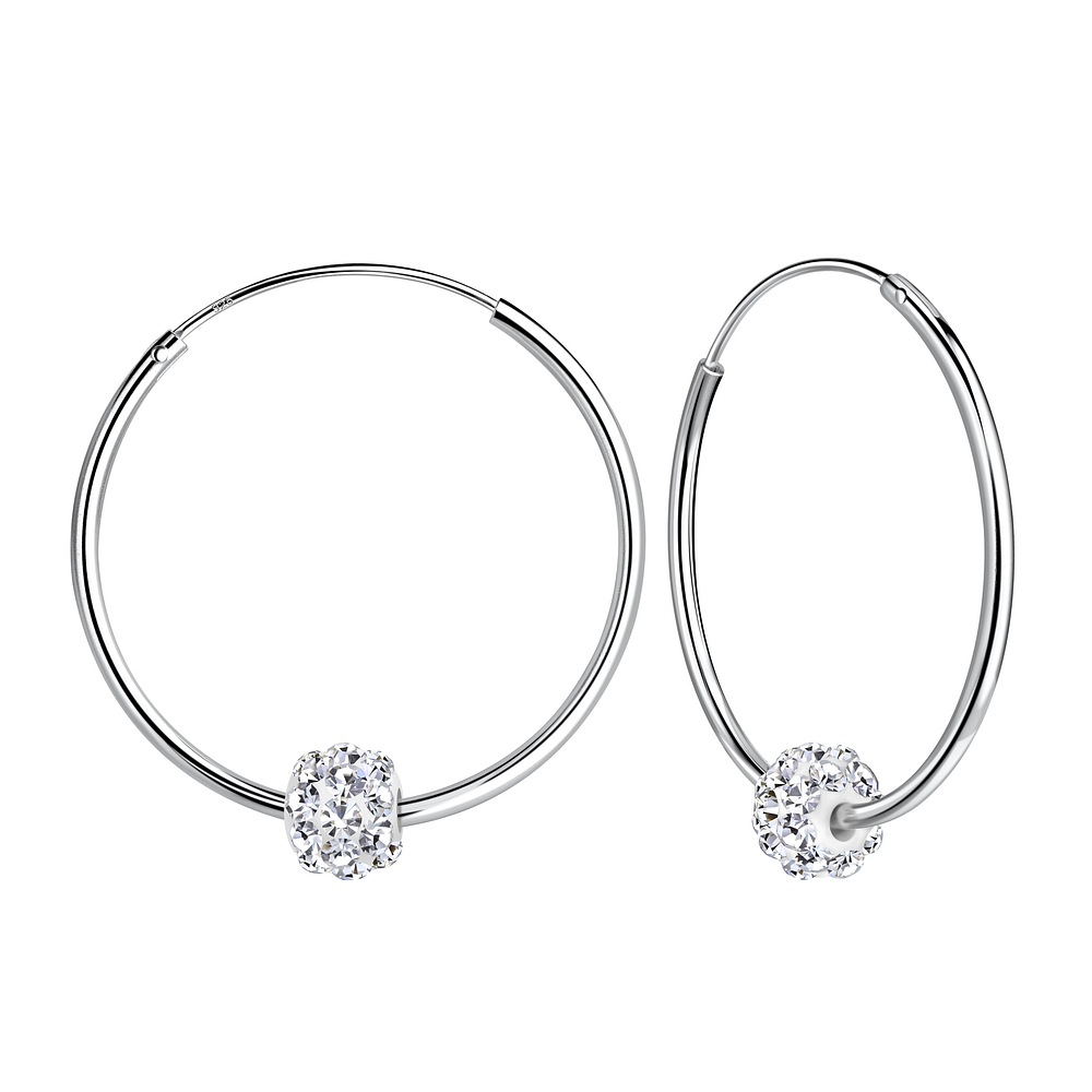 25mm Silver Hoop Earrings with 6mm Crystal Ball - Wholesale - 7182