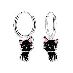 Silver Cat Charm Hoop Earrings - Wholesale - 2006