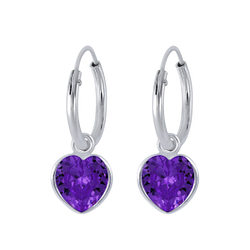 6mm Heart Cubic Zirconia Silver Charm Hoop Earrings - Wholesale - 2254
