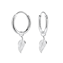 Silver Leaf Charm Hoop Earrings - Wholesale - 2932 Silver Leaf Charm Hoop Earrings - Wholesale - 2932