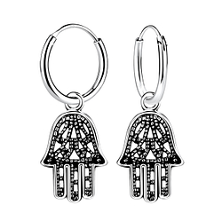 Silver Hamsa Charm Hoop Earrings - Wholesale - 5518 Silver Hamsa Charm Hoop Earrings - Wholesale - 5518