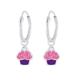 Silver Cupcake Crystal Charm Hoop Earrings - Wholesale - 5954 Silver Cupcake Crystal Charm Hoop Earrings - Wholesale - 5954