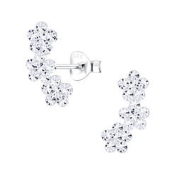 Silver Triple Crystal Flower Stud Earrings - Wholesale - 2535