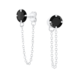 6mm Round Cubic Zirconia Silver Stud Earrings with Chain - Wholesale - 6204