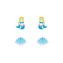 Silver Mermaid and Shell Stud Earrings Set - Wholesale - 7648