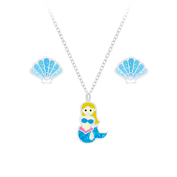 Silver Mermaid Necklace and Shell Stud Earrings Set - Wholesale - 7661