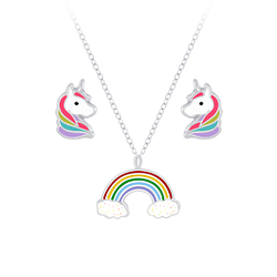 Silver Rainbow Necklace and Unicorn Stud Earrings Set - Wholesale - 7656