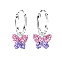 Silver Butterfly Crystal Charm Hoop Earrings - Wholesale - 8262