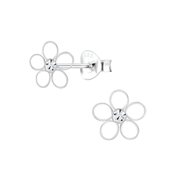 Silver Flower Crystal Stud Earrings - Wholesale - 8503