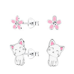 Silver Cat and Flower Stud Earrings Set - Wholesale - 8672