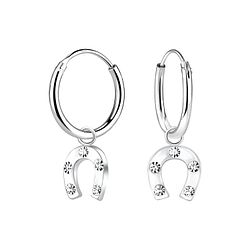 Silver Horseshoe Charm Hoop Earrings - Wholesale - 9899 Silver Horseshoe Charm Hoop Earrings - Wholesale - 9899