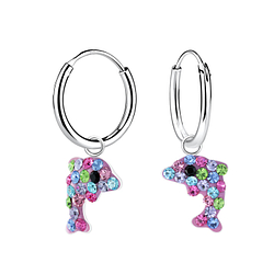 Silver Dolphin Crystal Charm Hoop Earrings - Wholesale - 11971 Silver Dolphin Crystal Charm Hoop Earrings - Wholesale - 11971