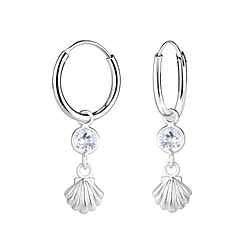 Silver Shell with Cubic Zirconia Charm Hoop Earrings - Wholesale - 14117 Silver Shell with Cubic Zirconia Charm Hoop Earrings - Wholesale - 14117