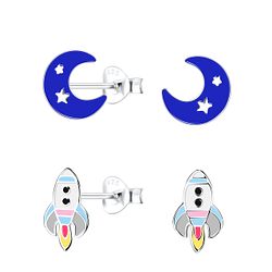 Silver Moon and Rocket Stud Earrings Set - Wholesale - 16818