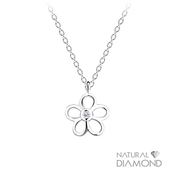Silver Flower Necklace With Natural Diamond - Wholesale - 15826