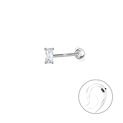 Silver Baguette Cartilage Stud with Silver Ball Screw Back - Wholesale - 20436