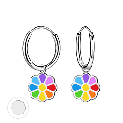 Silver Flower Charm Hoop Earrings - Wholesale - 20585