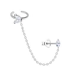 Silver Geometric Stud Earrings and Ear Cuff with Chain - Wholesale - 20936 Silver Geometric Stud Earrings and Ear Cuff with Chain - Wholesale - 20936