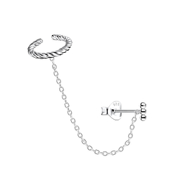 Silver Ball Bar Stud Earrings and Twisted Ear Cuff with Chain - Wholesale - 20942 Silver Ball Bar Stud Earrings and Twisted Ear Cuff with Chain - Wholesale - 20942