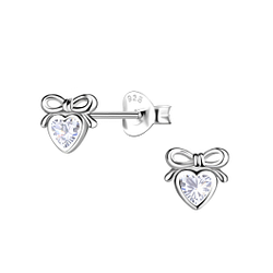 Silver Bow Heart Stud Earrings - Wholesale - 21291