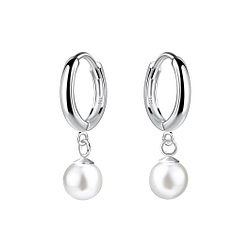 Silver Huggie Earrings with Hanging Pearl - Wholesale - 22057