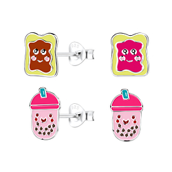 Silver Breakfast Treats Stud Earrings Set - Wholesale - 22305 Silver Breakfast Treats Stud Earrings Set - Wholesale - 22305