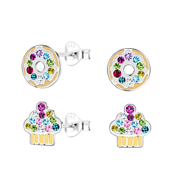 Silver Donut and Cupcake Stud Earrings Set - Wholesale - 22293 Silver Donut and Cupcake Stud Earrings Set - Wholesale - 22293