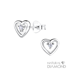 Silver Heart Stud Earrings With Natural Diamond - Wholesale - 9430
