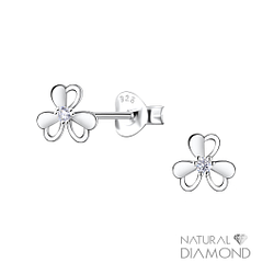 Silver Flower Stud Earrings With Natural Diamond - Wholesale - 22692