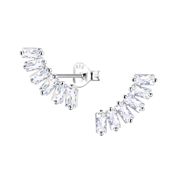 Silver Baguette Curved Stud Earrings  - Wholesale - 22433