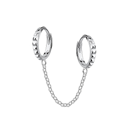 Silver Double Patterned Huggie Earrings with Chain - Wholesale - 22567