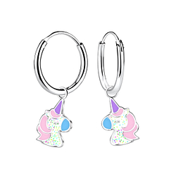 Silver Unicorn Charm Hoop Earrings - Wholesale - 22976