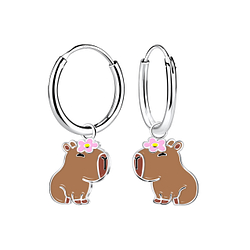 Silver Capybara Charm Hoop Earrings - Wholesale - 22978 Silver Capybara Charm Hoop Earrings - Wholesale - 22978