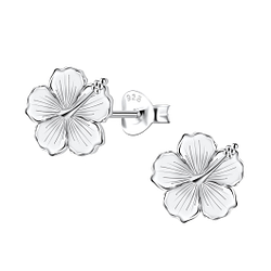 Silver Hibiscus Flower Stud Earrings - Wholesale - 23261
