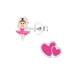 Silver Double Heart and Ballerina Stud Earrings - Wholesale - 23341 Silver Double Heart and Ballerina Stud Earrings - Wholesale - 23341