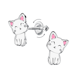 Silver Cat Screw Back Earrings - Wholesale - 24025