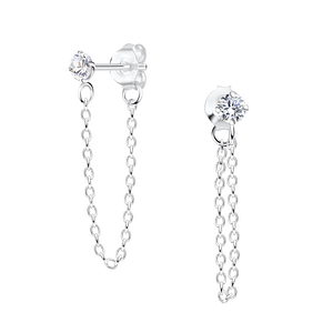 3mm Round Cubic Zirconia Silver Stud Earrings with Chain18759