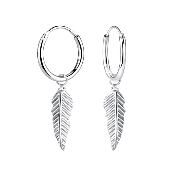 Silver Feather Charm Hoop Earrings - Wholesale - 6973