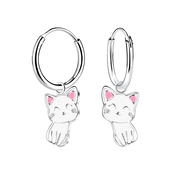 Silver Cat Charm Hoop Earrings - Wholesale - 2009