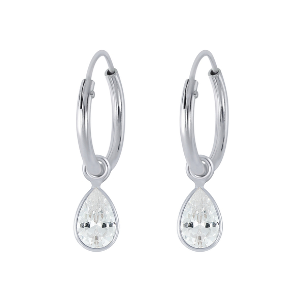 4x6mm Pear Cubic Zirconia Silver Charm Hoop Earrings - Wholesale - 2451