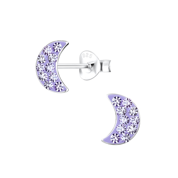 Silver Half Moon Crystal Stud Earrings - Wholesale - 2871