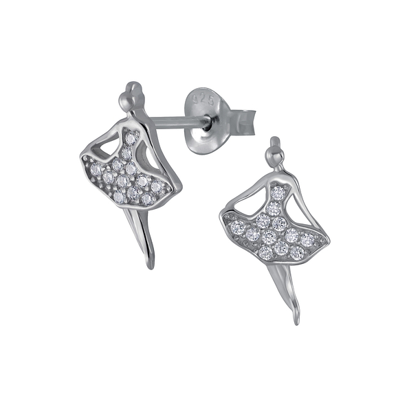 Silver Ballerina Cubic Zirconia Stud Earrings - Wholesale - 3029