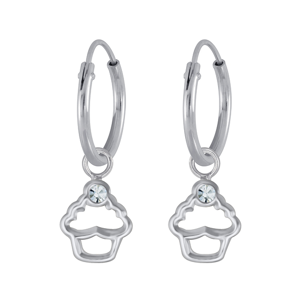 Silver Cupcake Crystal Charm Hoop Earrings - Wholesale - 3137