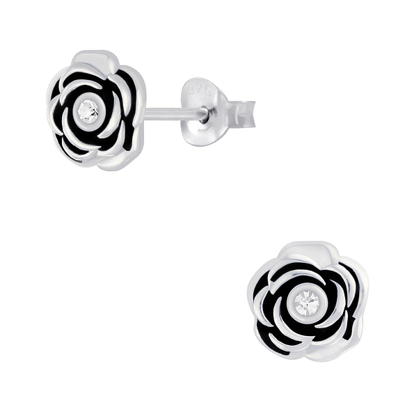 Silver Flower Crystal Stud Earrings - Wholesale - 5685