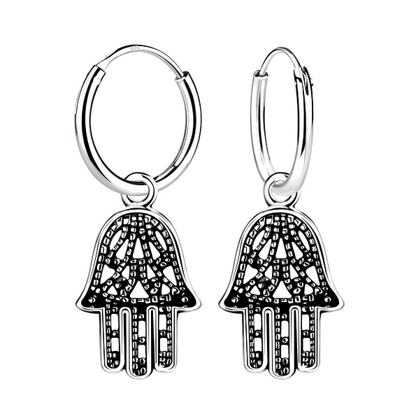 Silver Hamsa Charm Hoop Earrings - Wholesale - 5518 Silver Hamsa Charm Hoop Earrings - Wholesale - 5518