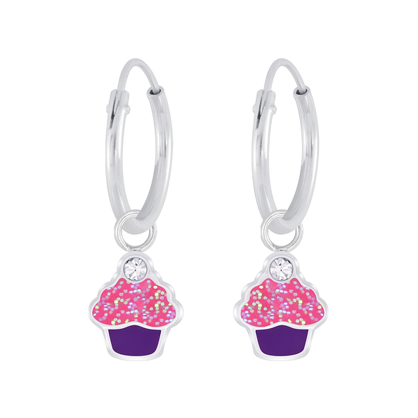 Silver Cupcake Crystal Charm Hoop Earrings - Wholesale - 5954 Silver Cupcake Crystal Charm Hoop Earrings - Wholesale - 5954