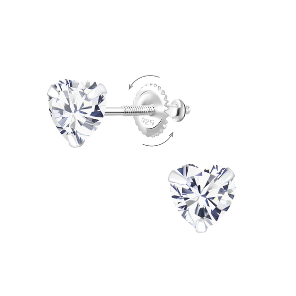 6mm Heart Cubic Zirconia Silver Screw Back Earrings - Wholesale - 6240