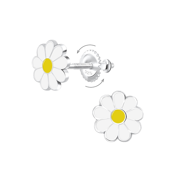 Silver Daisy Screw Back Earrings - Wholesale - 6858