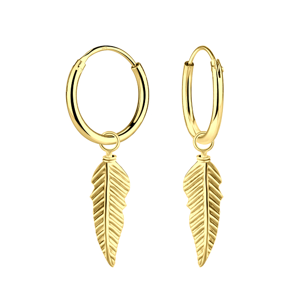 Silver Feather Charm Hoop Earrings - Wholesale - 6974